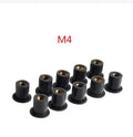Ten black rubber well nut fasteners with brass inserts for motorcycle windshield mounting, showing M4 M5 M6 sizes.