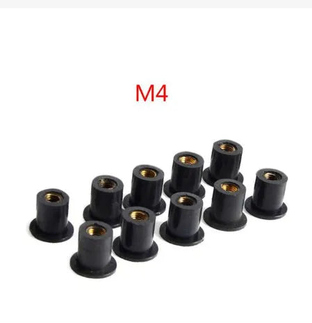 Ten black rubber well nut fasteners with brass inserts for motorcycle windshield mounting, showing M4 M5 M6 sizes.