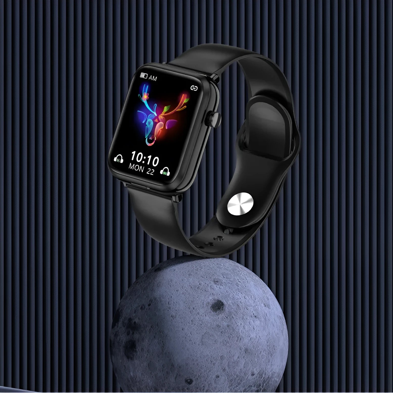 Black zinc alloy Bluetooth smartwatch with a 1.69-inch touchscreen on a wrist, next to its magnetic charging case.