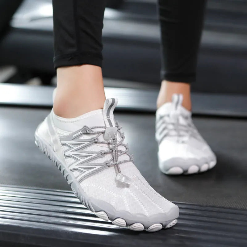 Indoor fitness training sneakers with striped pattern, mesh lining, and non-slip rubber soles in multiple colour options