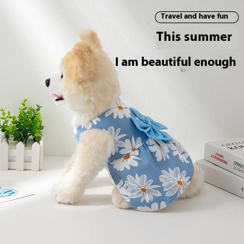 Orange floral butterfly knot princess dress on dog showing ultra-thin summer pet clothing