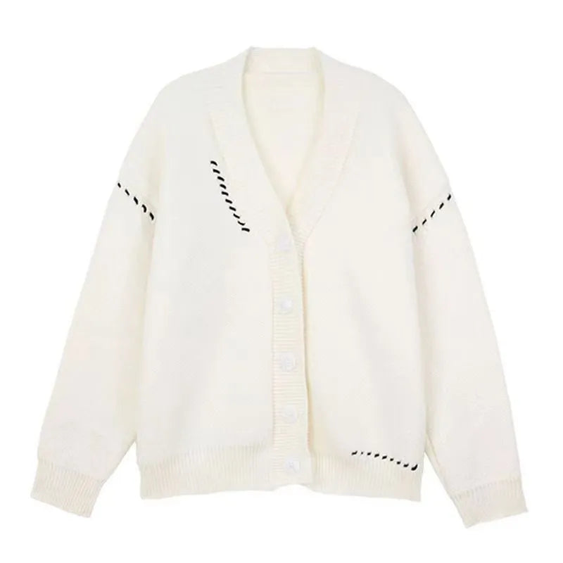 Women's loose fit knitted cardigan top coat in black or white with long sleeves