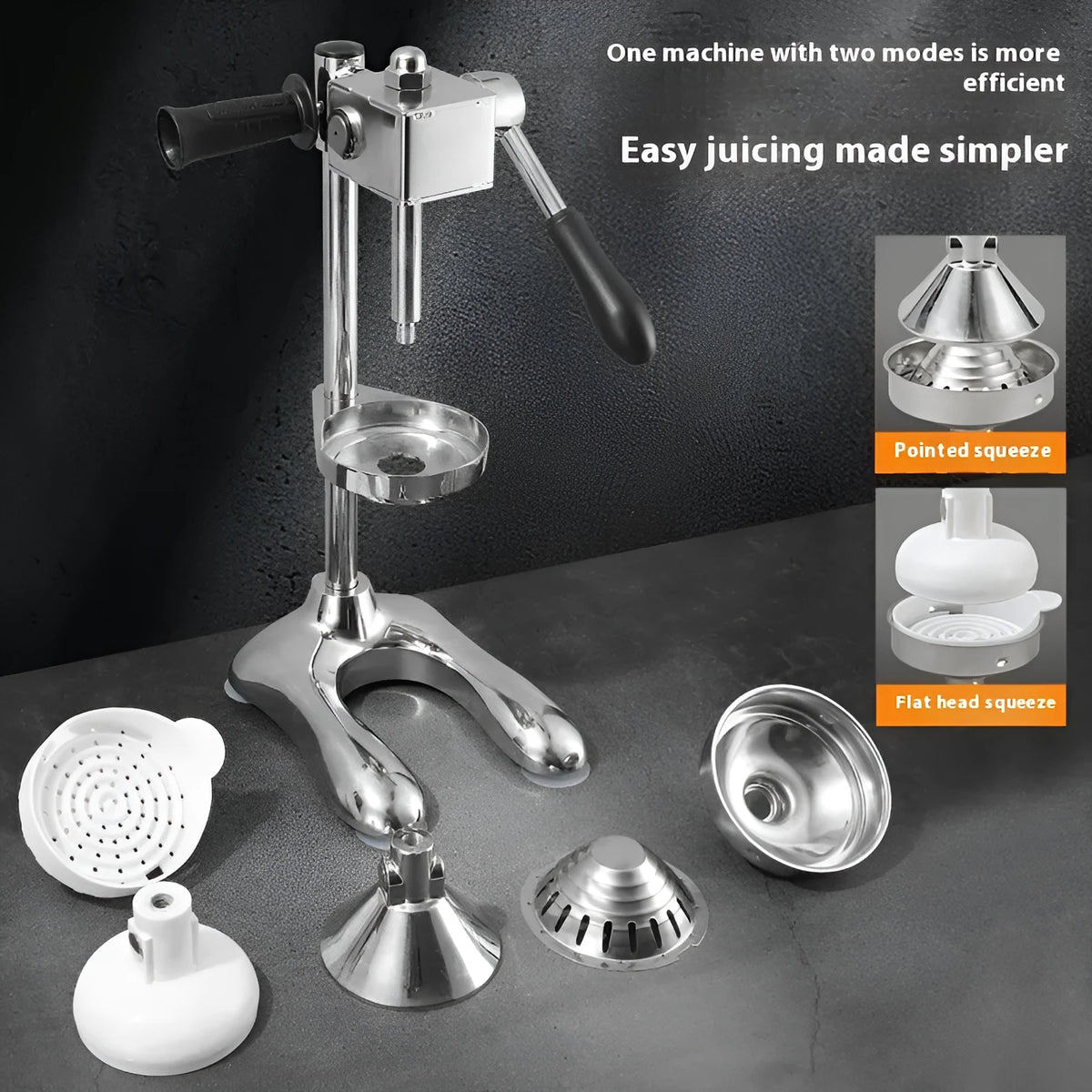 Vertical stainless steel manual citrus juicer in a selection of colours and head styles.