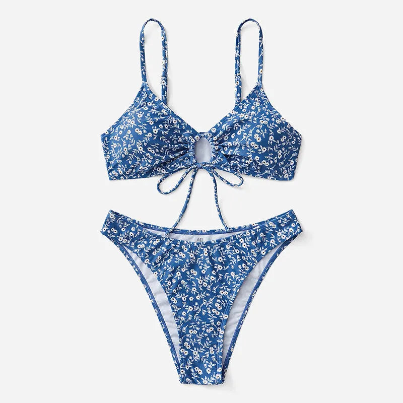Blue polyester swimsuit three-piece set without steel rings showing top and shorts