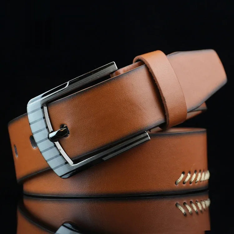 Men's retro threading pattern casual belt with pin buckle in black, brown and white colour options