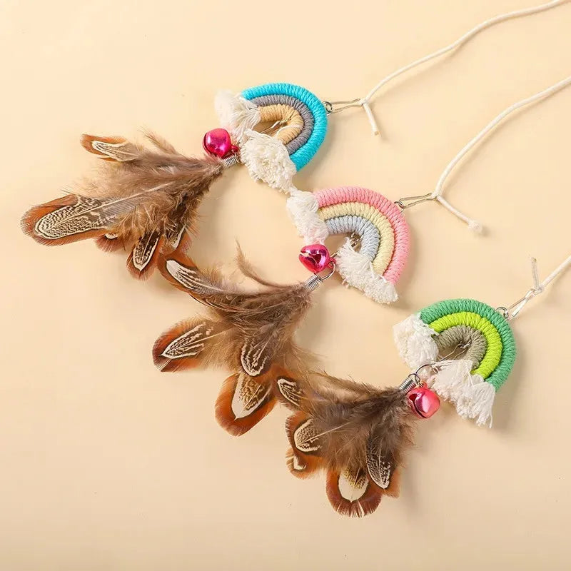 Feather cat rope door swing toy with elastic cord and sticky buckle clamp in multiple colours