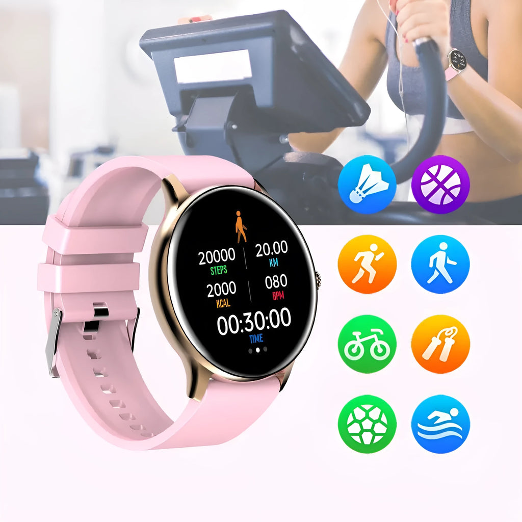 Blood pressure monitoring smart watch with 1.28-inch touch screen and silicone wristband