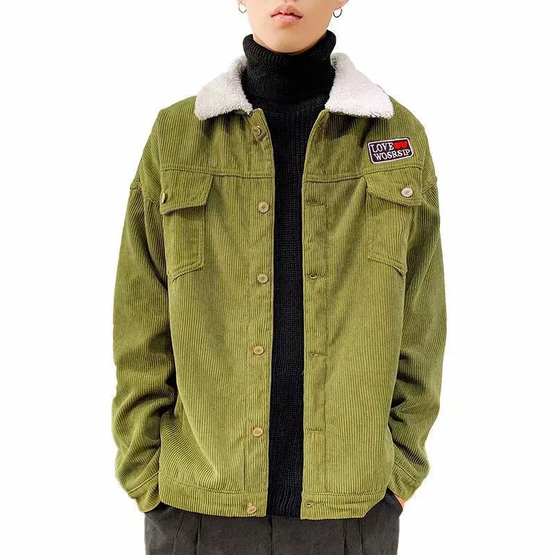 Men's loose fit corduroy workwear jacket in khaki with stick pockets