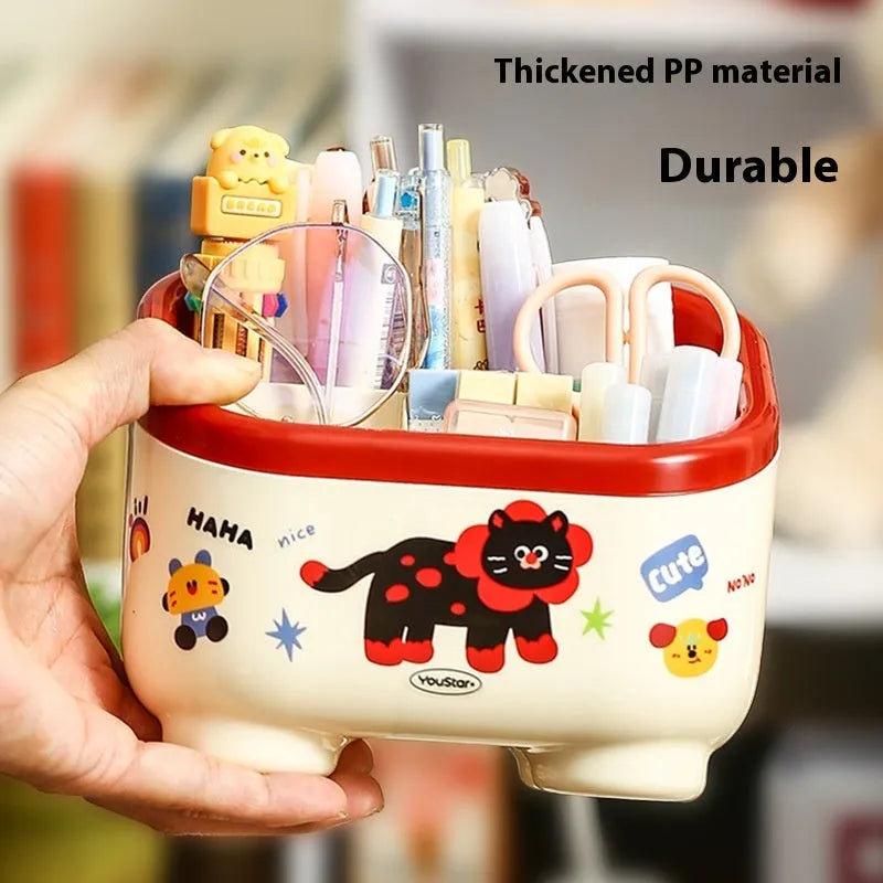Cartoon-style red and brown plastic desktop storage organiser with grid compartments and 2L capacity.