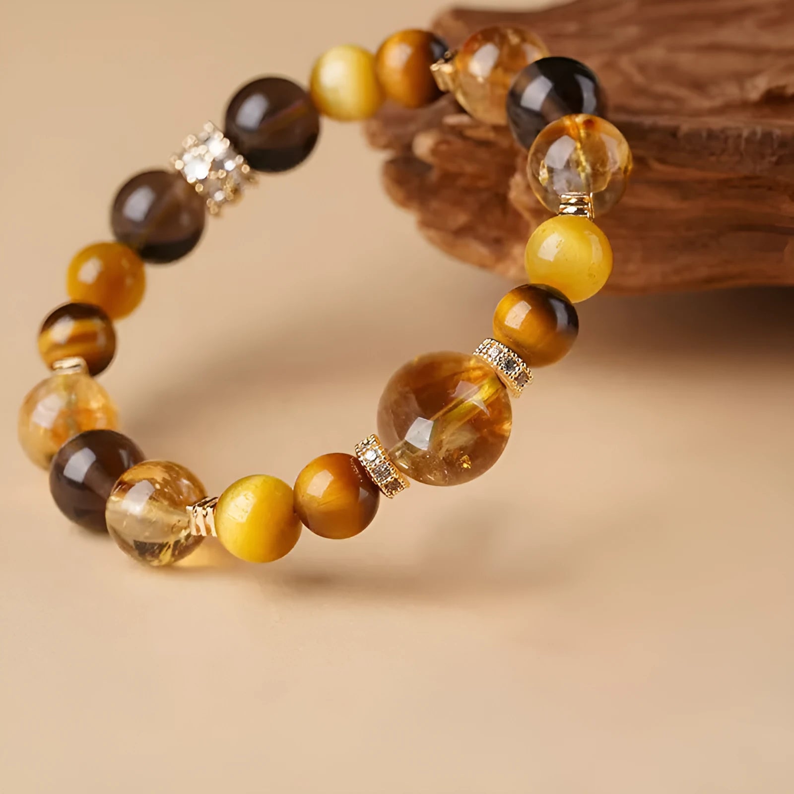 Natural tiger-eye crystal bracelet with geometric jinba design beads in 10mm and 12mm size options