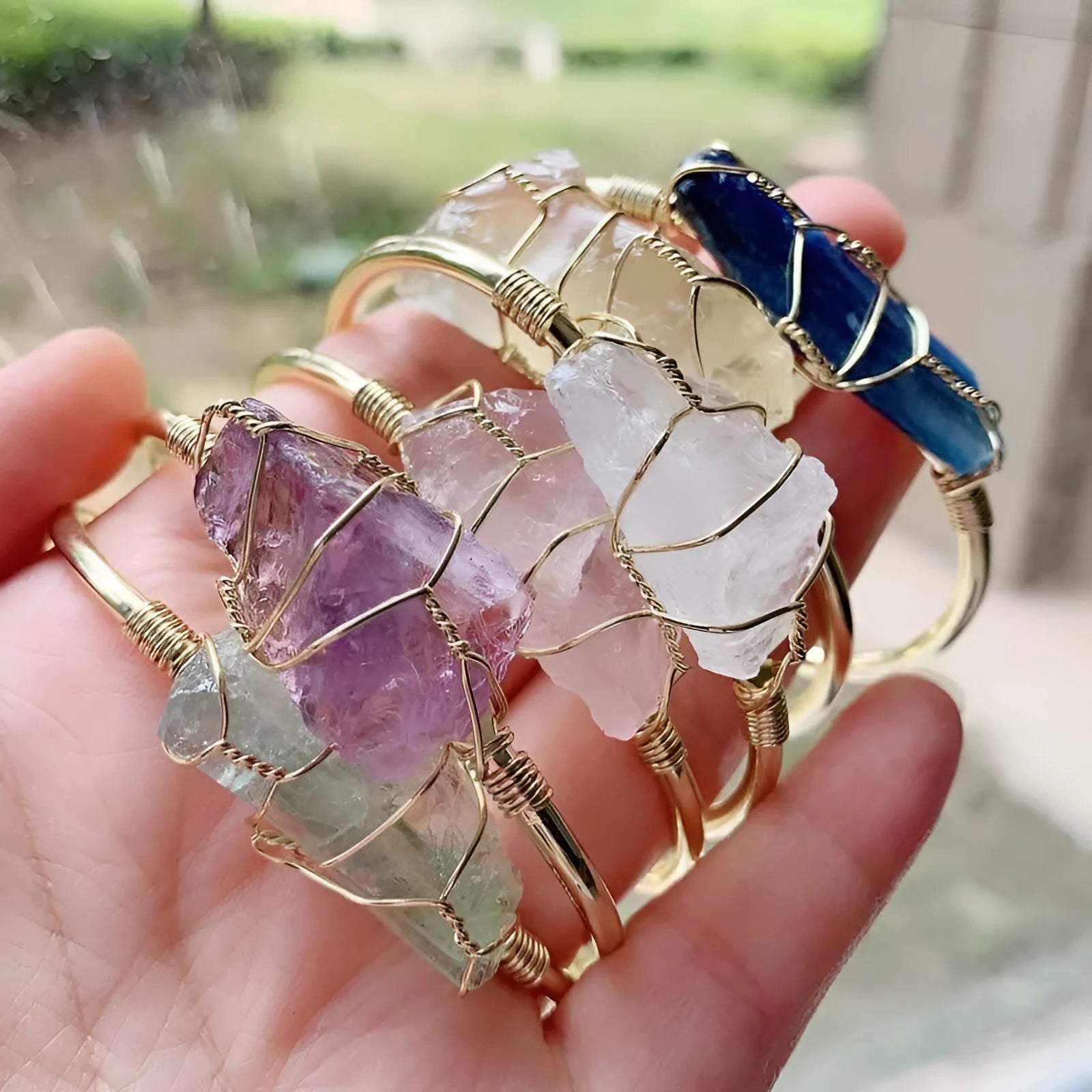 Natural crystal rough stone bracelet with gold winding geometric design in mixed colours