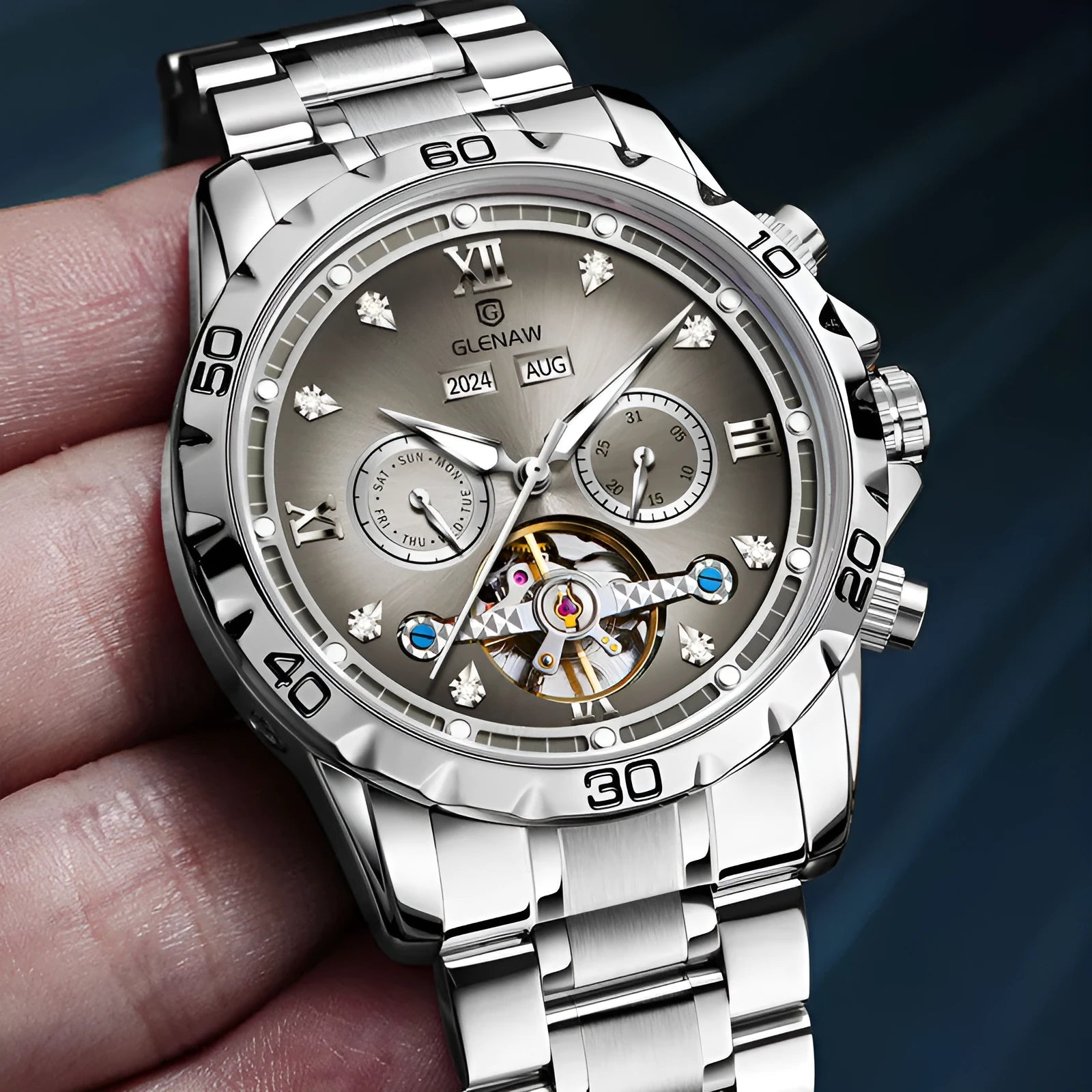 Men's automatic mechanical wristwatch with stainless steel strap in one of six colour options.