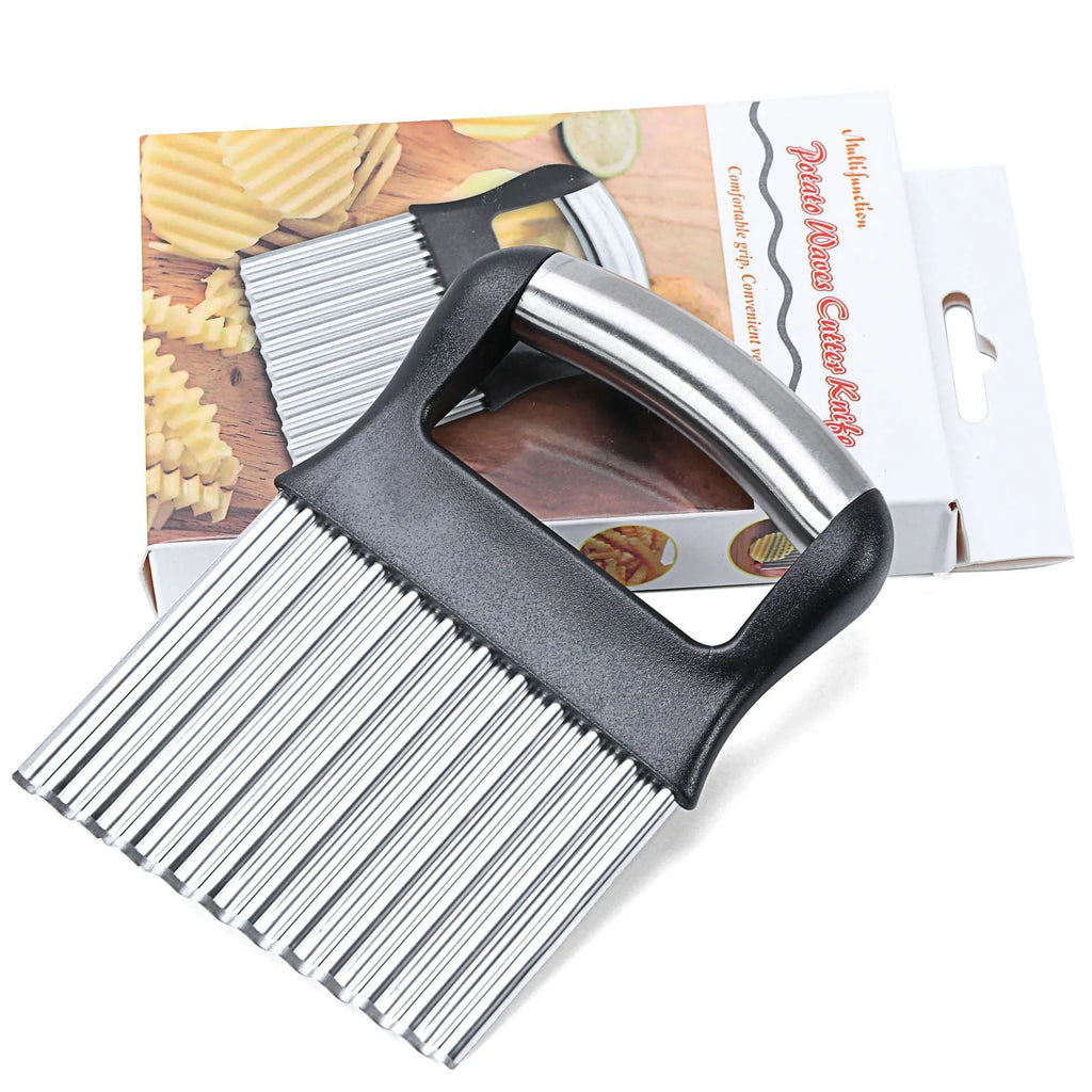 Stainless steel potato wave knife for making wavy-cut chips, shown with black handle.