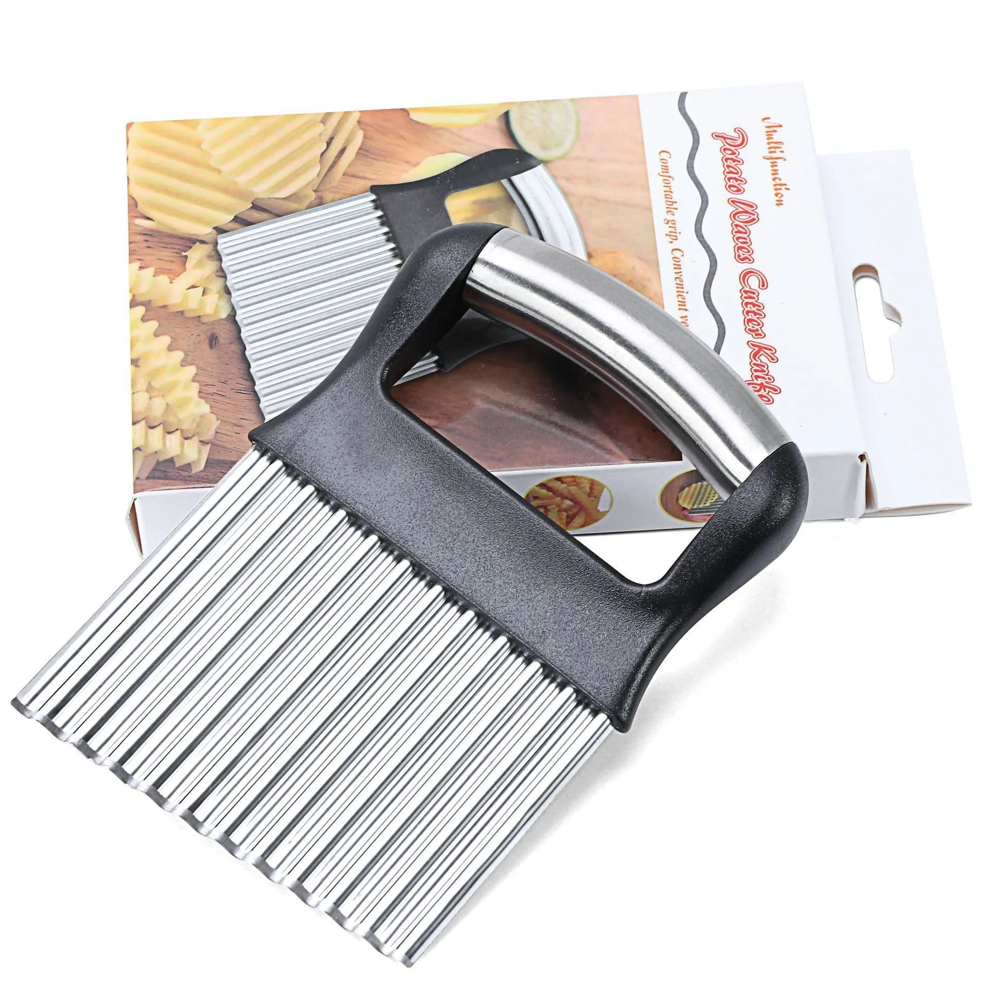 Stainless steel potato wave knife for making wavy-cut chips, shown with black handle.