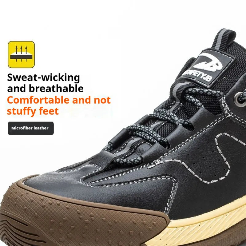 Flyknit leather work safety shoes with rubber sole in black, shown in a size 42.