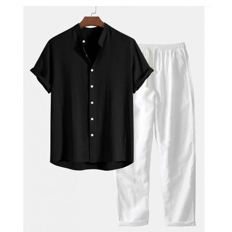 Men's casual linen-style shirt and trousers two-piece set in coordinating colours