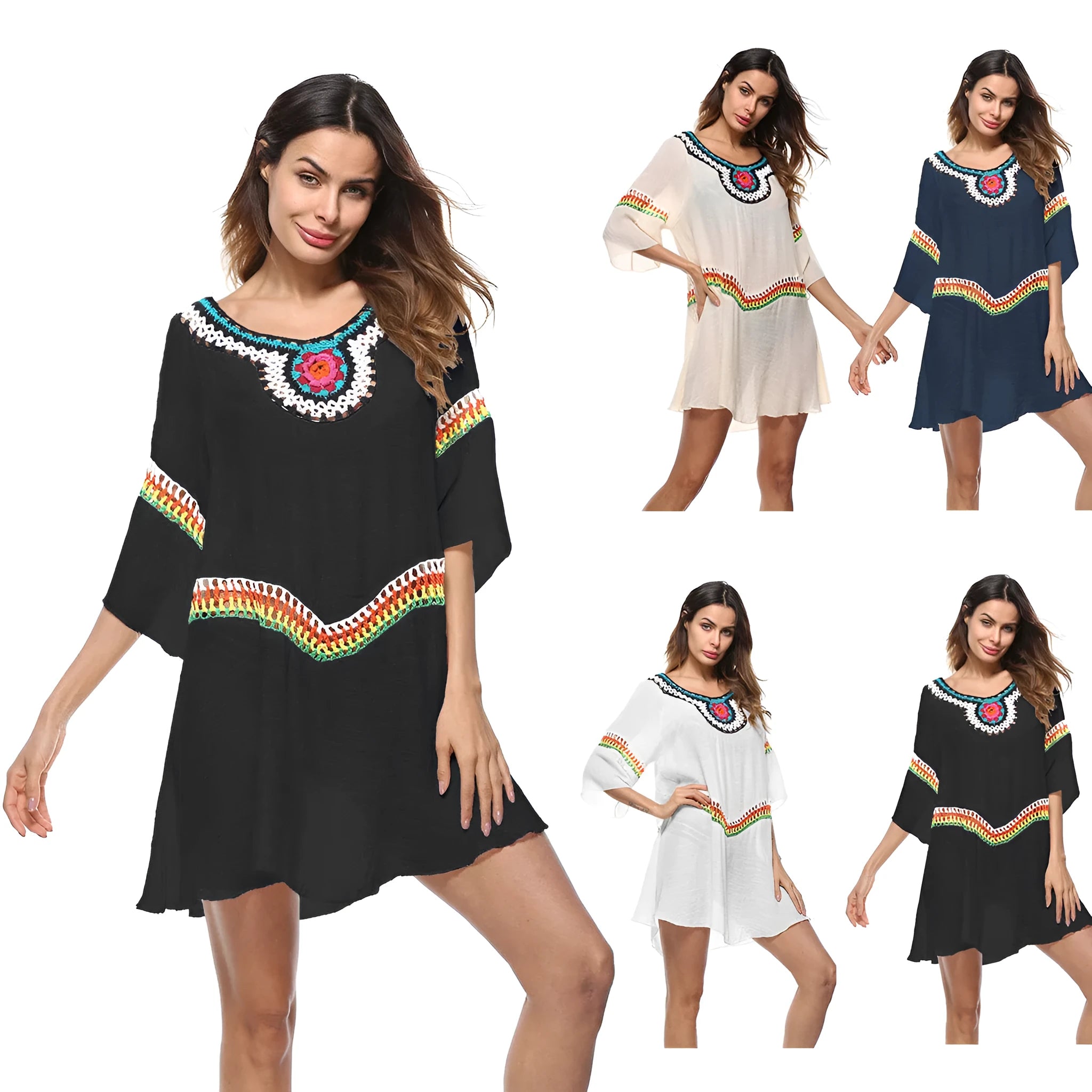 Crocheted ethnic style sun protection top in white colour for beachwear