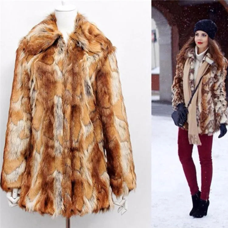 Women's faux fur jacket with black and orange tiger print pattern, medium length street fashion coat.