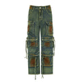 Women's gradient pocket cargo denim trousers in loose fit with patchwork detailing and multiple pockets