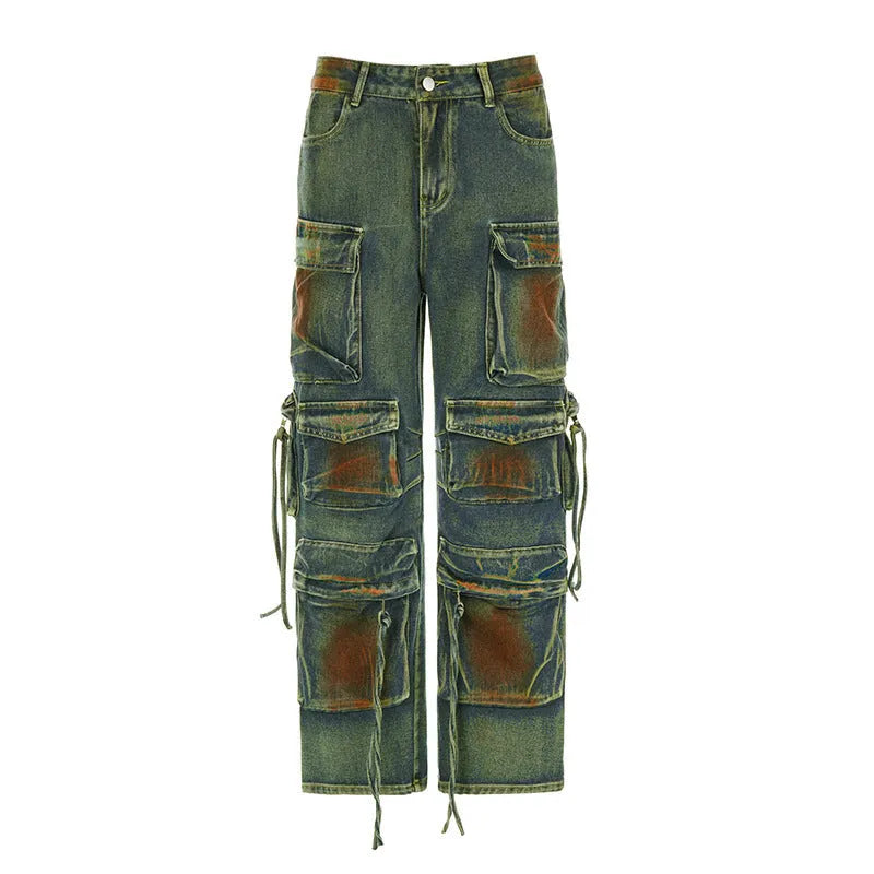 Women's gradient pocket cargo denim trousers in loose fit with patchwork detailing and multiple pockets