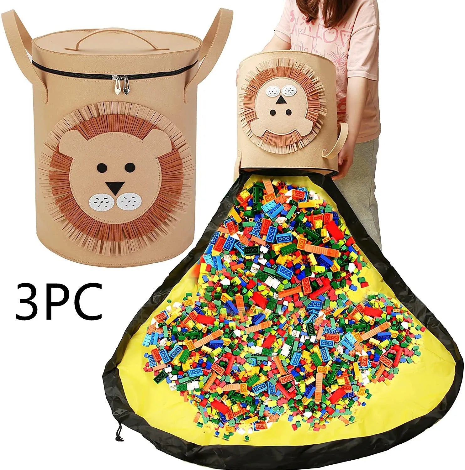 Green felt cube storage bag open showing toys inside, laying flat as play mat