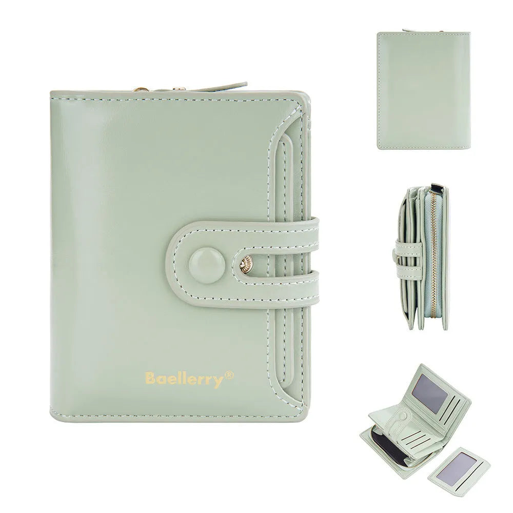 A compact PU leather card holder wallet for women, shown in multiple colour options.