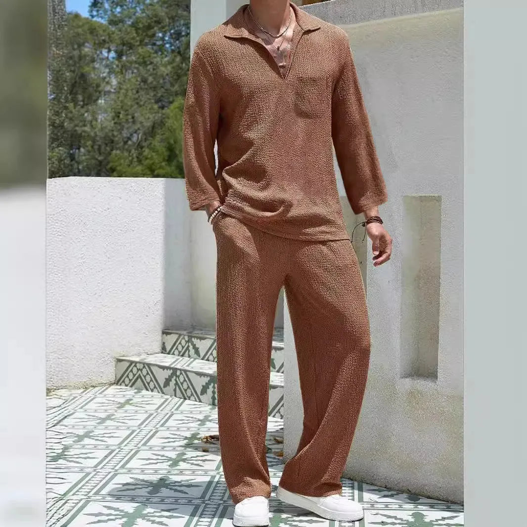 Men's casual shirt and trousers suit in lake blue, khaki, black, or caramel colour.