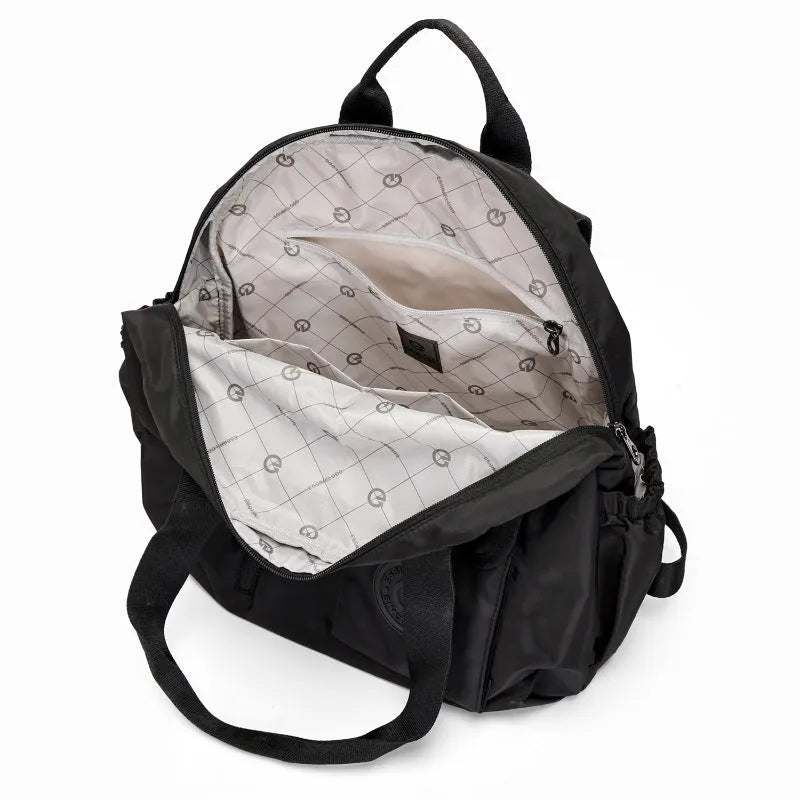 Women's large nylon outdoor backpack with sandwich pocket in black, green letters, or khaki