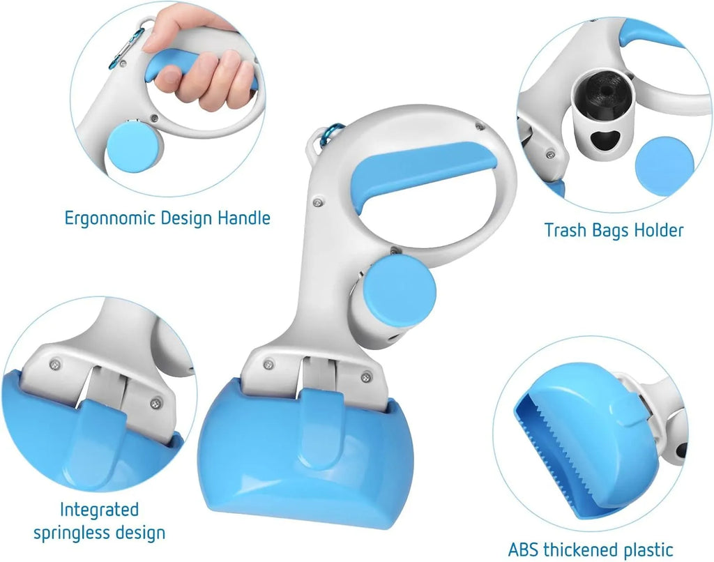 Blue ABS plastic pet pooper scooper with built-in trash bag holder and top hook.