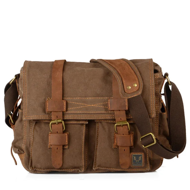 Men's canvas crossbody bag with postman flap in army green colour showing internal compartments