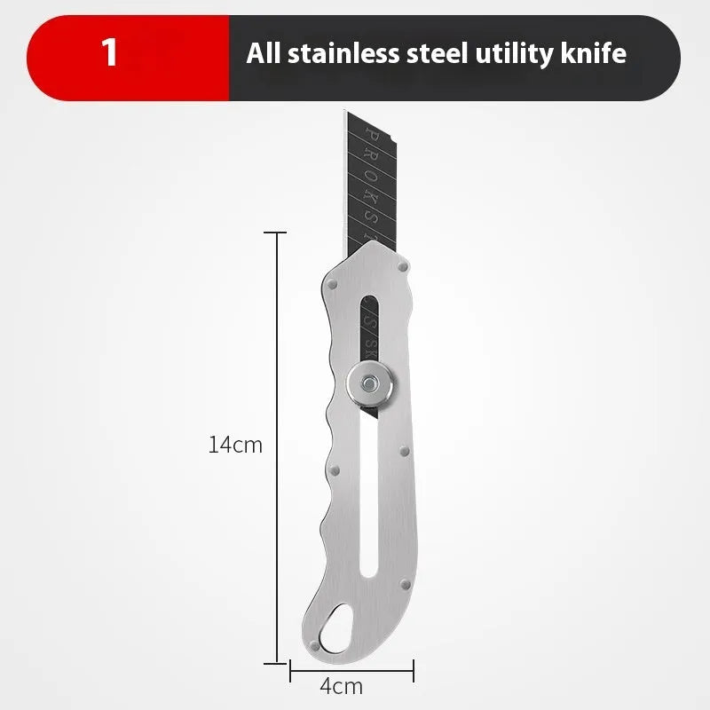 Stainless steel folding utility art knife with black blade, shown with long and trapezoidal blades.