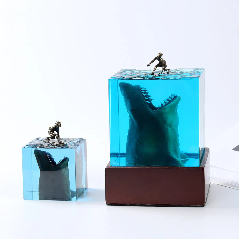 Clear epoxy resin shark surfer night light ornament in 5cm or 8cm size with lamp holder