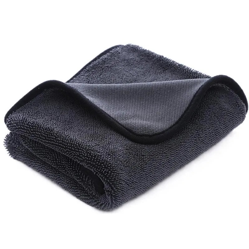 Grey braided twist car cleaning towel with red edge, shown in multiple sizes for vehicle washing