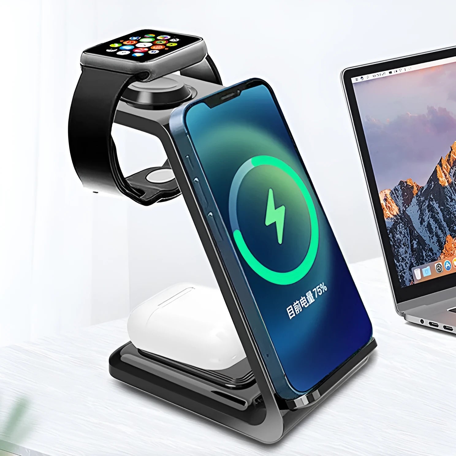 White 3-in-1 dual coil wireless charging stand holding a mobile phone upright on a desk.