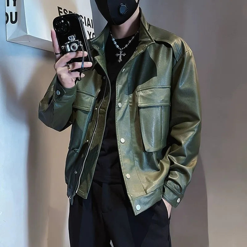 Men's black Korean style regular fit PU leather jacket with straight hem and side seam pockets