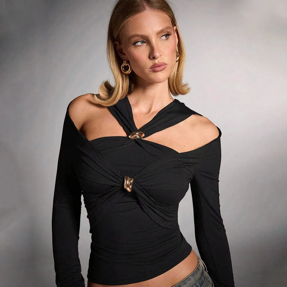 Black polyester women's halter top with long sleeves and shoulder-baring design