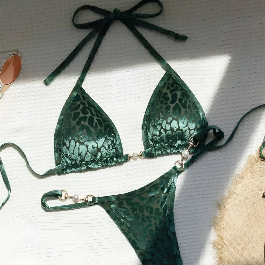 Blue leopard print T-shaped swimsuit bikini with polyester fabric and spandex stretch