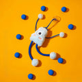 Blue telescopic cat wand toy with plush ring and bell on elastic cord