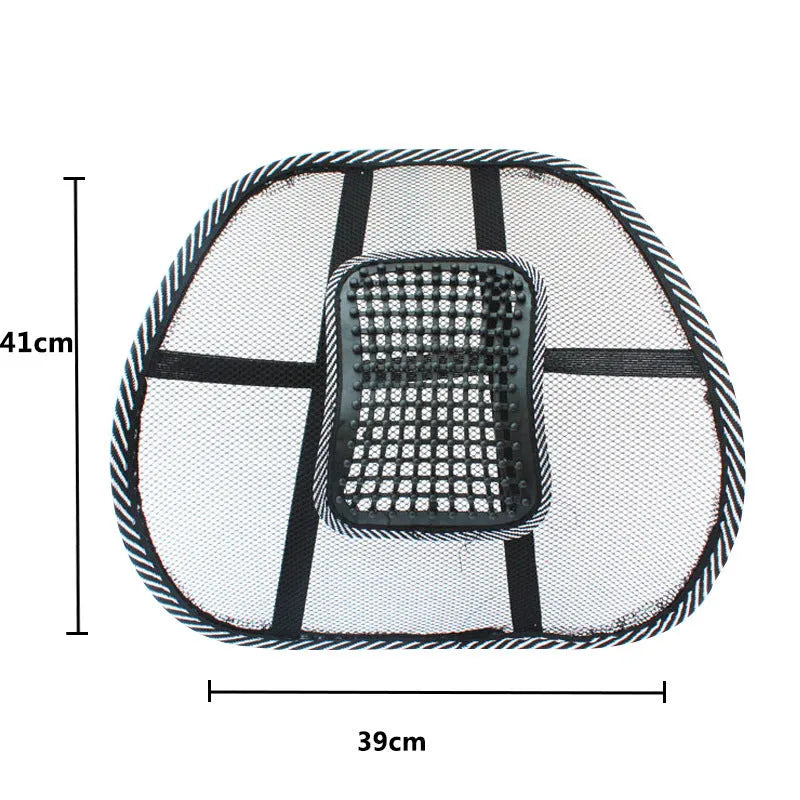 Black lumbar support pillow with leather nail pattern detailing measuring 41x39cm