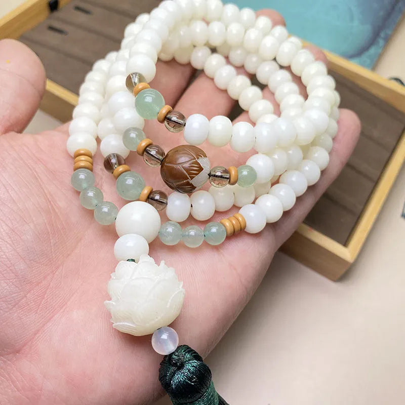 White jade bodhi bead bracelet with 108 stones in traditional unisex design