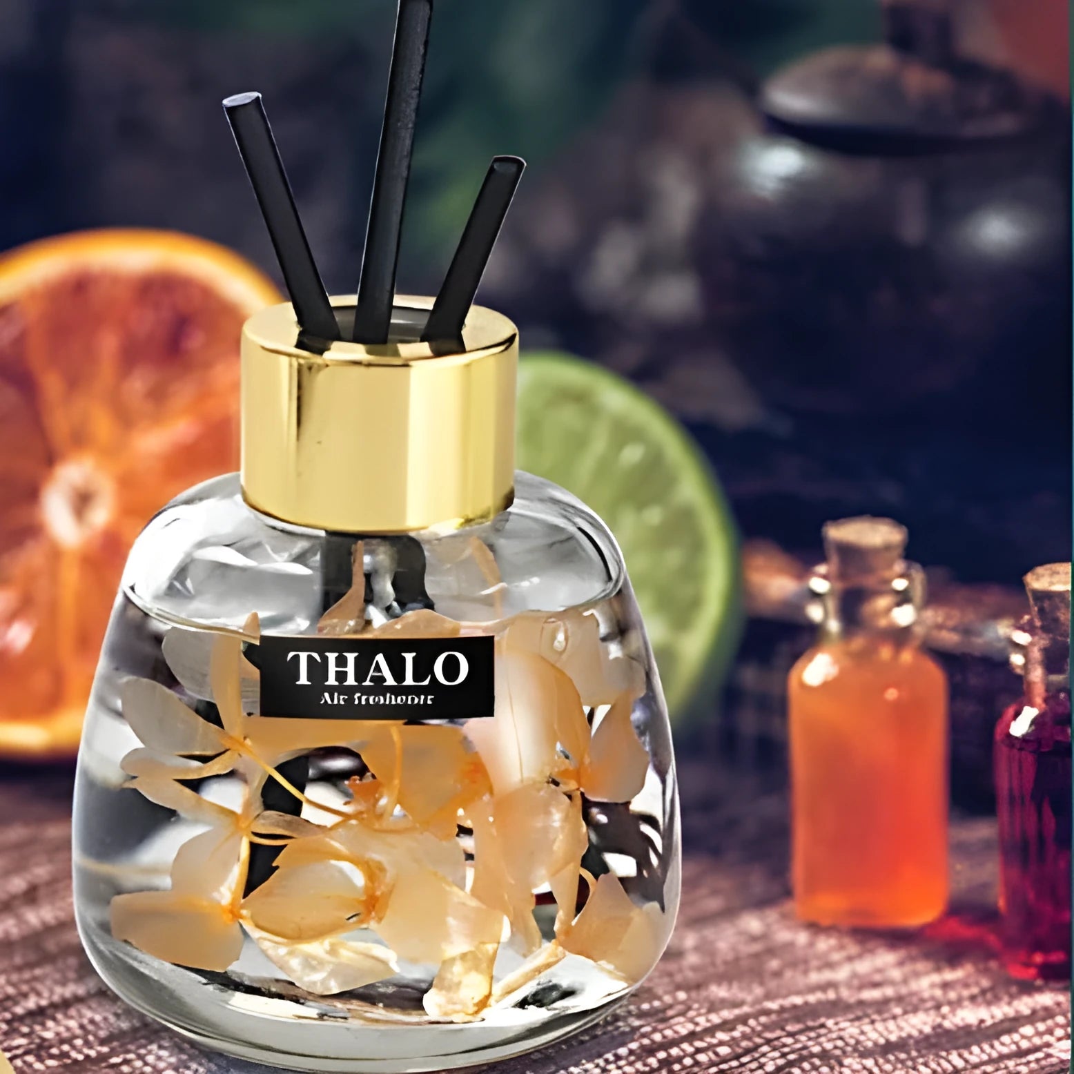 Glass bottle-shaped car perfume ornament with loose incense, shown in various colour options.