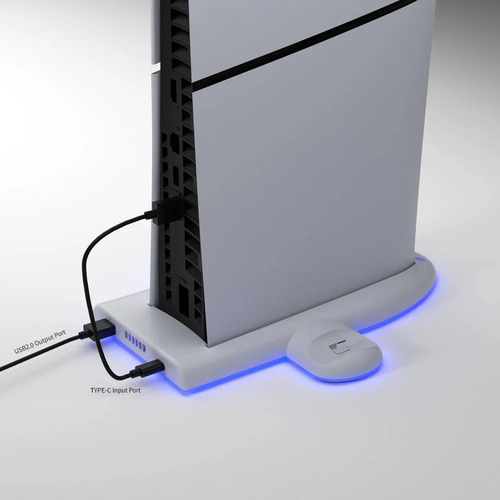 White PS5 Slim charging base with cooler pad fan, RGB lights, fixed charger and charging belt