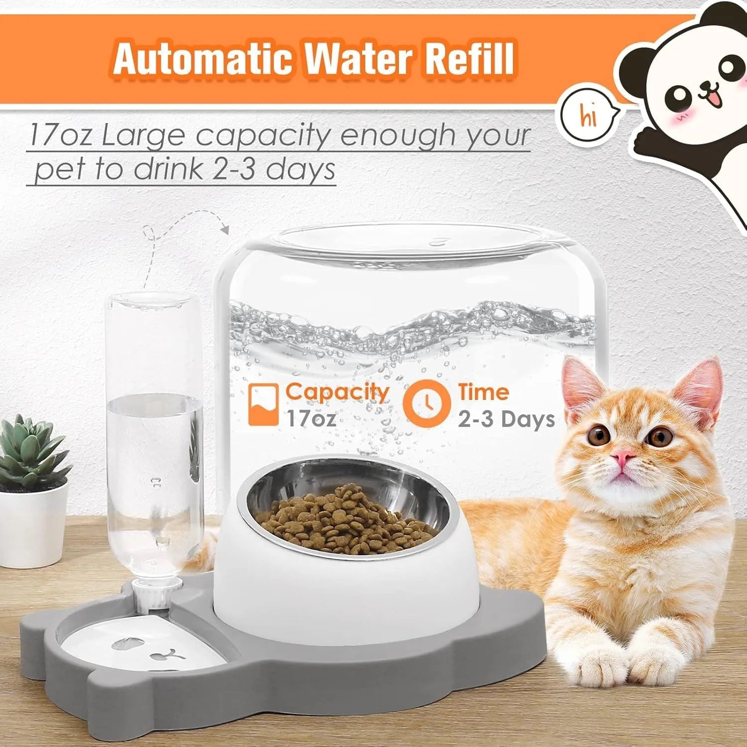 Grey elevated pet bowl set with tilted stainless steel bowls and automatic water bottle