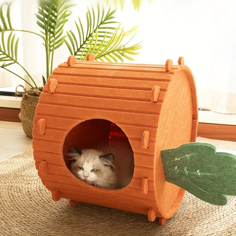 Orange felt carrot-shaped cat nest tunnel with a circular entrance hole, shown in two size options.
