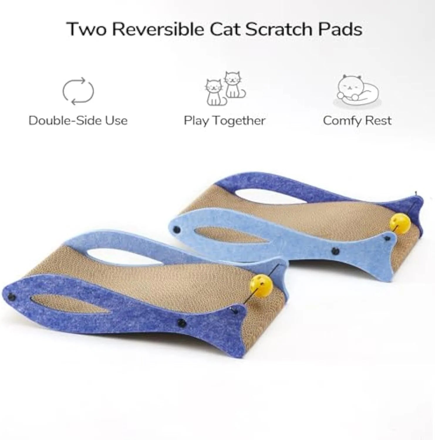 Blue fish shaped cardboard cat scratcher with bell ball toys on elastic cord, measuring 46cm long