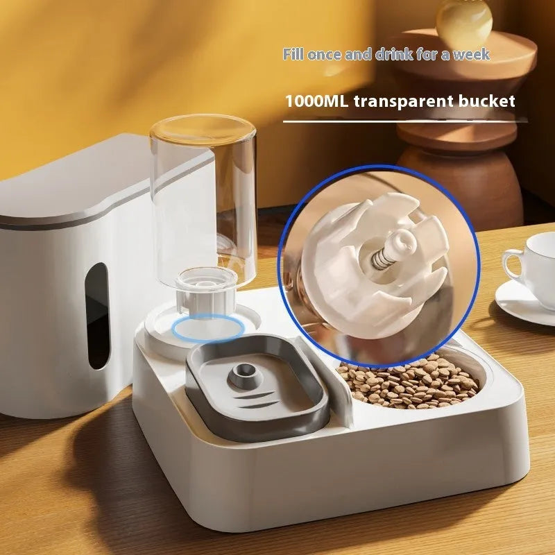 Automatic cat feeder with integrated water dispenser double bowl in grey, yellow or green colours