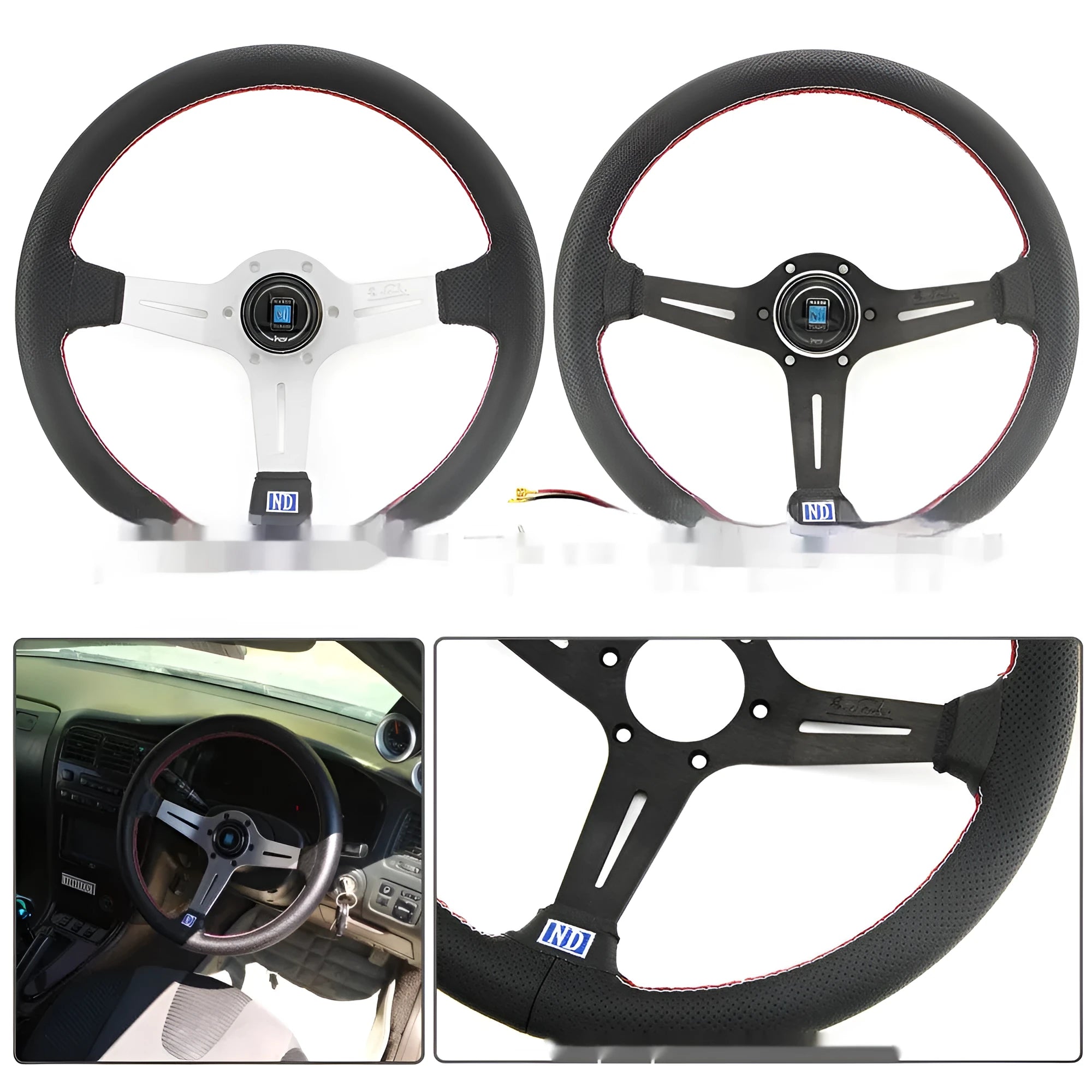 14-inch leather steering wheel with middle concave design showing hand-stitched detailing