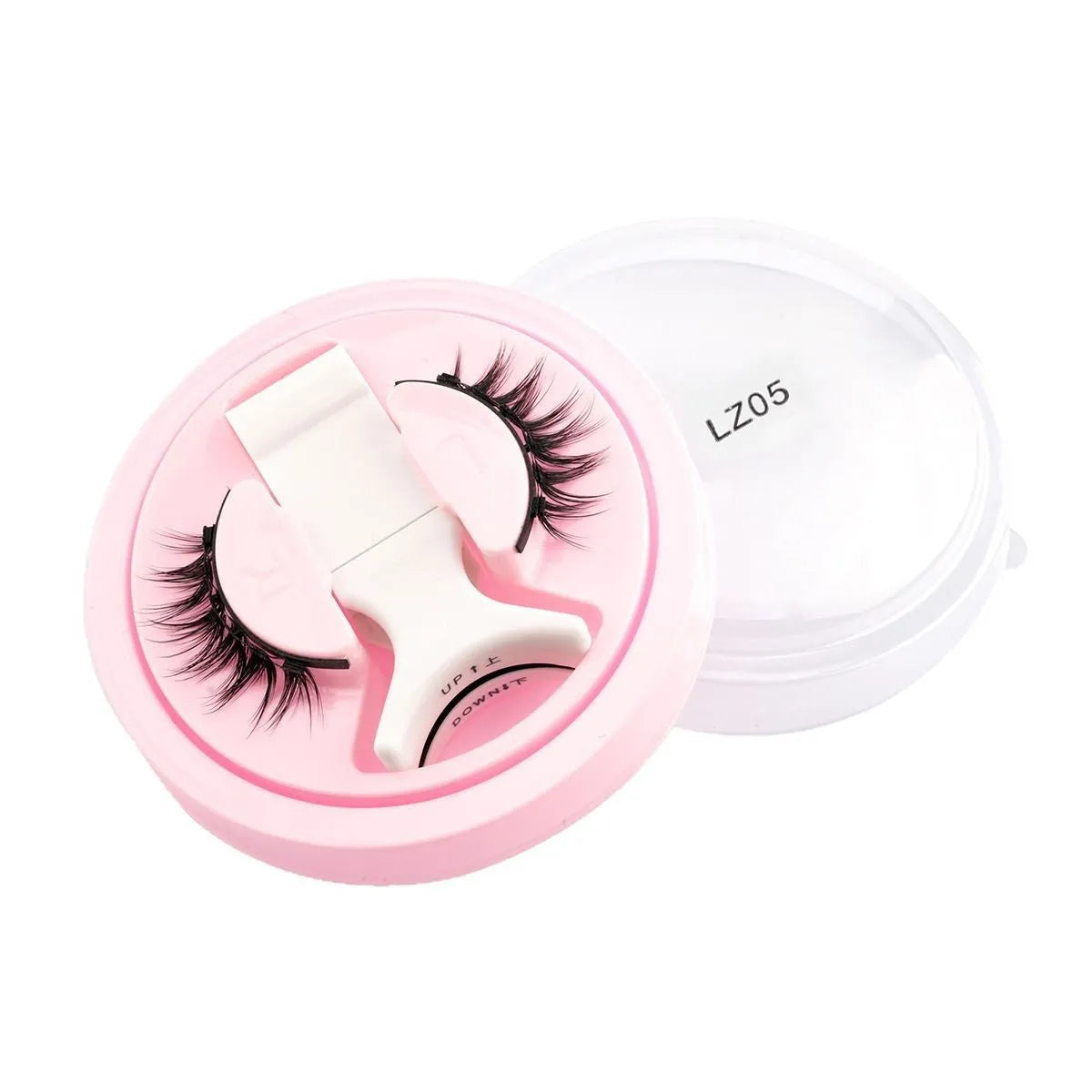 Set of five thick, black, waterproof reusable false eyelashes with glue-free bands.