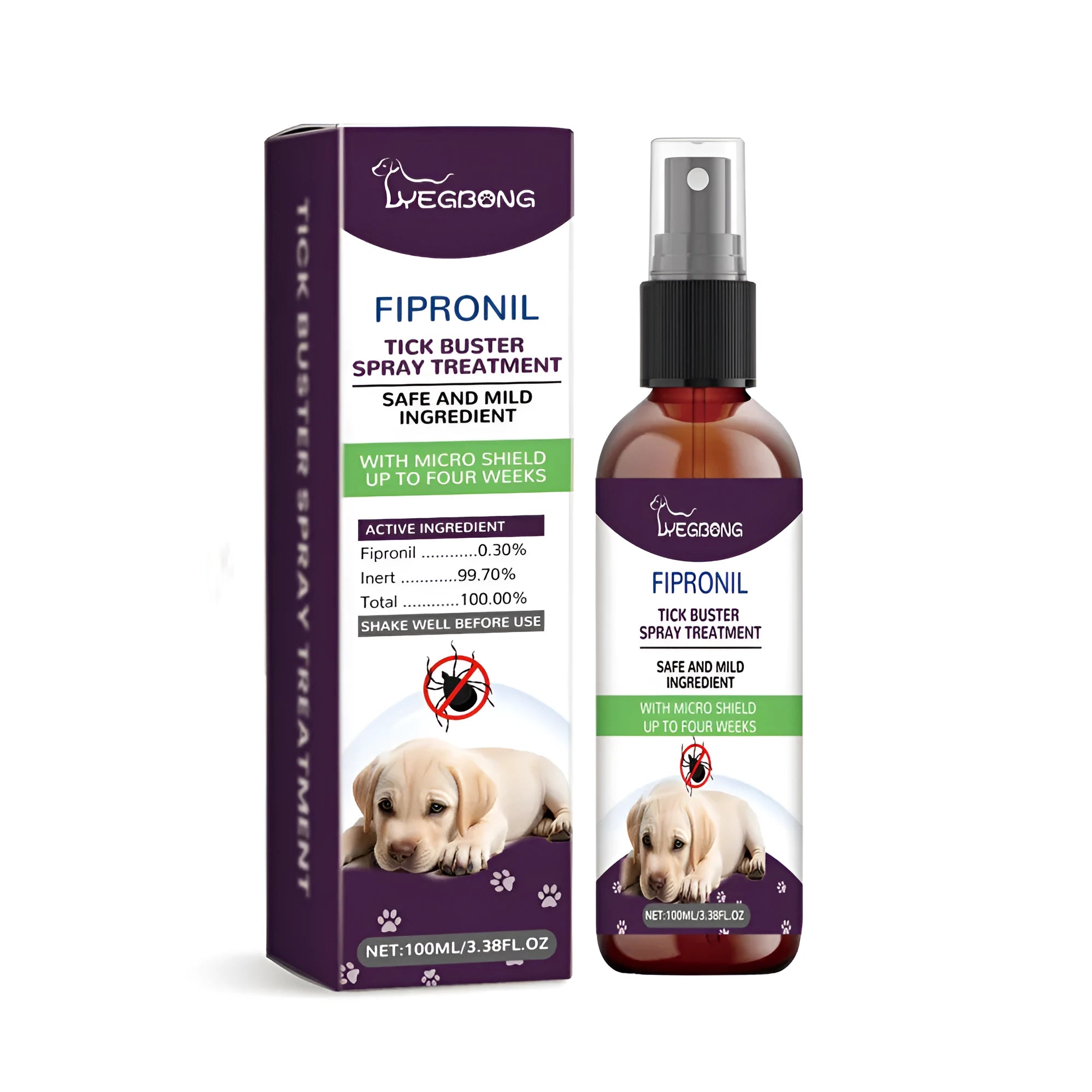 100ml plastic spray bottle for pet pest control, showing label with ingredients fipronil, mint, honeysuckle, and pepper.