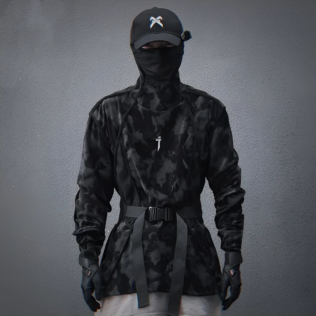 Men's black and grey tie dye pattern sweater with a finger turtleneck collar and drop shoulders.